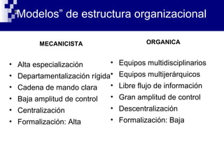 “Modelos” de estructura organizacional
MECANICISTA
• Alta especialización
• Departamentalización rígida
• Cadena de mando clara
• Baja amplitud de control
• Centralización
• Formalización: Alta
ORGANICA
• Equipos multidisciplinarios
• Equipos multijerárquicos
• Libre flujo de información
• Gran amplitud de control
• Descentralización
• Formalización: Baja
 