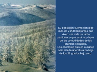Su población cuenta con algo más de 2.200 habitantes que viven una vida un tanto particular y que está muy lejos de las comodidades de las grandes ciudades. Los escolares asisten a clases sólo si la temperatura no baja de los 52 grados bajo cero. 