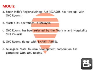 MOU’s:
a. South India’s Regional Airline AIR PEGASUS has tied-up with
OYO Rooms.
b. Started its operations in Malaysia.
c. OYO Rooms has been selected by the Tourism and Hospitality
Skill Council.
d. OYO Rooms tie-up with BHARTI AIRTEL.
e. Telangana State Tourism Development corporation has
partnered with OYO Rooms.
 