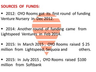 SOURCES OF FUNDS:
 2012: OYO Rooms got its first round of funding
Venture Nursery in Dec 2012.
 2014: Another round of funding came from
Lightspeed Ventures in Feb 2014.
 2015: In March 2015 , OYO Rooms raised $ 25
million from Lightspeed, Sequoia and others.
 2015: In July 2015 , OYO Rooms raised $100
million from Softbank
 