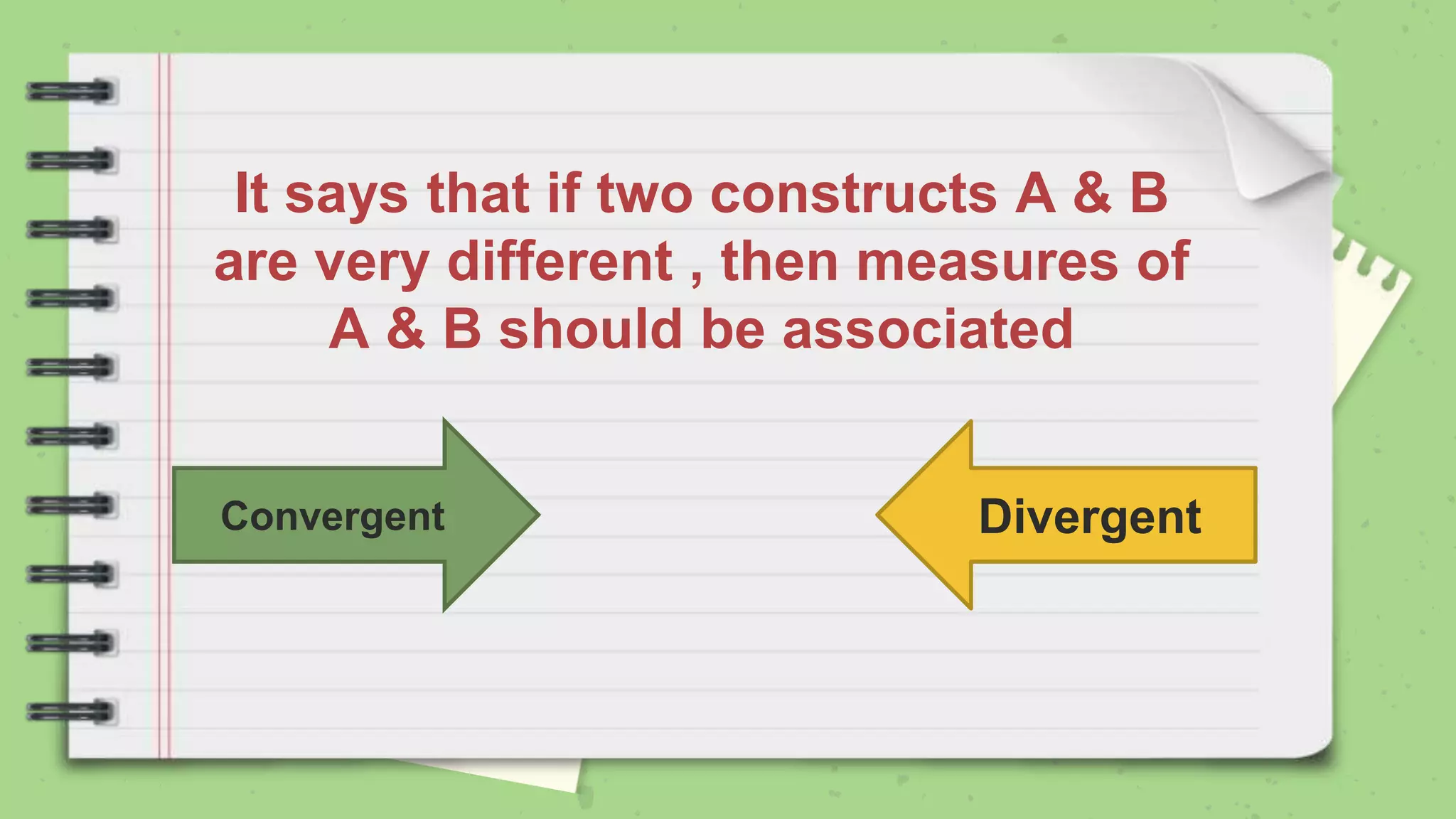 It says that if two constructs A & B
are very different , then measures of
A & B should be associated
Convergent Divergent
 