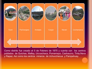 Como distrito fue creado el 5 de Febrero de 1875 y cuenta con los centros
poblados de Quichas, Mallay, Ucruschaca, Pomamayo, Cashaucro, Tinta,Nava
y Rapaz. Así como los centros mineros de Uchucchacua y Pampahuay.
Oyón Pachangara Andajes Caujul Navan Cochamarca
 
