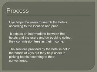 Oyo helps the users to search the hotels
according to the location and price.
It acts as an intermediate between the
hotels and the users and on booking collect
their commission fees as their income.
The services provided by the hotel is not in
the hands of Oyo but they help users in
picking hotels according to their
convenience.
 