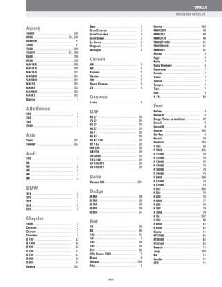 TIMKEN
Agrale
13000 299
6000 31, 299
6000 CD 31
7000 31
7500 299
7500 T 31, 300
8500 299
9200 299
MA 10.0 300
MA 12.0 300
MA 15.0 301
MA 5000 301
MA 6000 301
MA 7.9 301
MA 8.5 302
MA 8000 302
MA 9.2 302
Marrua 1
Alfa Romeo
145 1
155 1
164 1
2300 1
Asia
Topic 303
Towner 303
Audi
100 1
80 1
A3 2
A4 2
A6 2
A8 2
BMW
318 2
325 3
328 3
518 3
525 3
Chrysler
1800 3
Caravan 3
Charger 3
Cherokee 3
D 100 32
D 1400 32
D 400 32
D 700 33
D 750 33
D 900 33
D 950 34
Dakota 303
Dart 3
Gran Caravan 3
Gran Cherokee 4
Gran Sedan 3
Le Baron 3
Magnum 3
Wrangler 4
Citroën
AX 5
BX 5
Evasion 5
Xantia 5
XM 5
Xsara Picasso 5
ZX 5
Daewoo
Lanos 5
DAF
65 CF 35
75 CF 35
85 CF 35
95 CF 35
95 F 35
95 XF 35
95 XF.530 35
97 F.53 35
MB 230 35
SB 220 35
SB 3000 35
TB 2100 35
XF-105 FTS 35
XF-105 FTT 35
Dafra
Kansas 150 331
Dodge
D 400 36
D 700 36
D 750 36
D 900 36
D 950 37
Fiat
70 39
80 40
130 37
147 5
180 38
190 39
210 39
Alfa Romeo 2300 5
Brava 6
Ducato 304
Elba 6
Fiorino 304
FNM 2000 40
FNM 210 40
FNM 2150 40
FNM D11000 41
FNM D9500 41
FNM V15 41
Marea 6
Oggi 6
Palio 7
Palio Weekend 6
Panorama 7
Prêmio 7
Siena 7
Spazio 7
Tempra 7
Tipo 7
Uno 8
V 15 42
Ford
Belina 8
Belina II 8
Cargo (Todos os modelos) 42
Corcel 9
Corcel II 9
Courier 305
Del Rey 9
Escort 10
Explorer 305
F 100 69
F 1000 305
F 11000 70
F 12000 70
F 13000 72
F 14000 72
F 16000 73
F 19000 74
F 2000 306
F 21000 74
F 22000 75
F 250 306
F 350 76
F 400 76
F 4000 77
F 600 78
F 700 79
F 7000 79
F 75 307
F 750 80
F 8000 81
F 8500 81
Fiesta 11
FT 7000 81
FT 8000 81
FT 8500 82
Galaxie 11
Jeep 308
Ka 11
Landau 11
LTD 11
ÍNDICE POR VEÍCULOS
XXIII
 