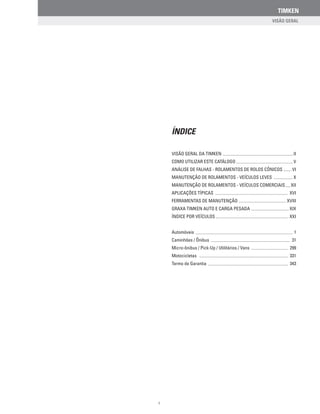 VISÃO GERAL DA TIMKEN
Como Utilizar ESTE Catálogo
Análise de Falhas - Rolamentos de Rolos Cônicos
Manutenção de Rolamentos...