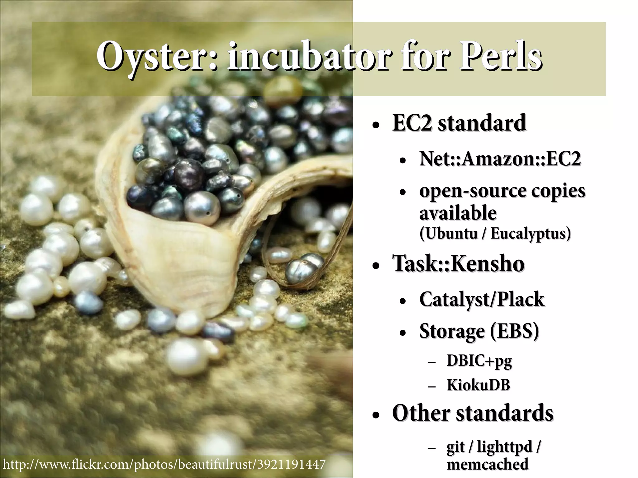 Oyster: incubator for Perls
                                                       ●   EC2 standard
                                                           ●   Net::Amazon::EC2
                                                           ●   open-source copies
                                                               available
                                                               (Ubuntu / Eucalyptus)
                                                       ●   Task::Kensho
                                                           ●   Catalyst/Plack
                                                           ●   Storage (EBS)
                                                                –   DBIC+pg
                                                                –   KiokuDB
                                                       ●   Other standards
                                                                –   git / lighttpd /
http://www.fickr.com/photos/beautifulrust/3921191447                memcached
 