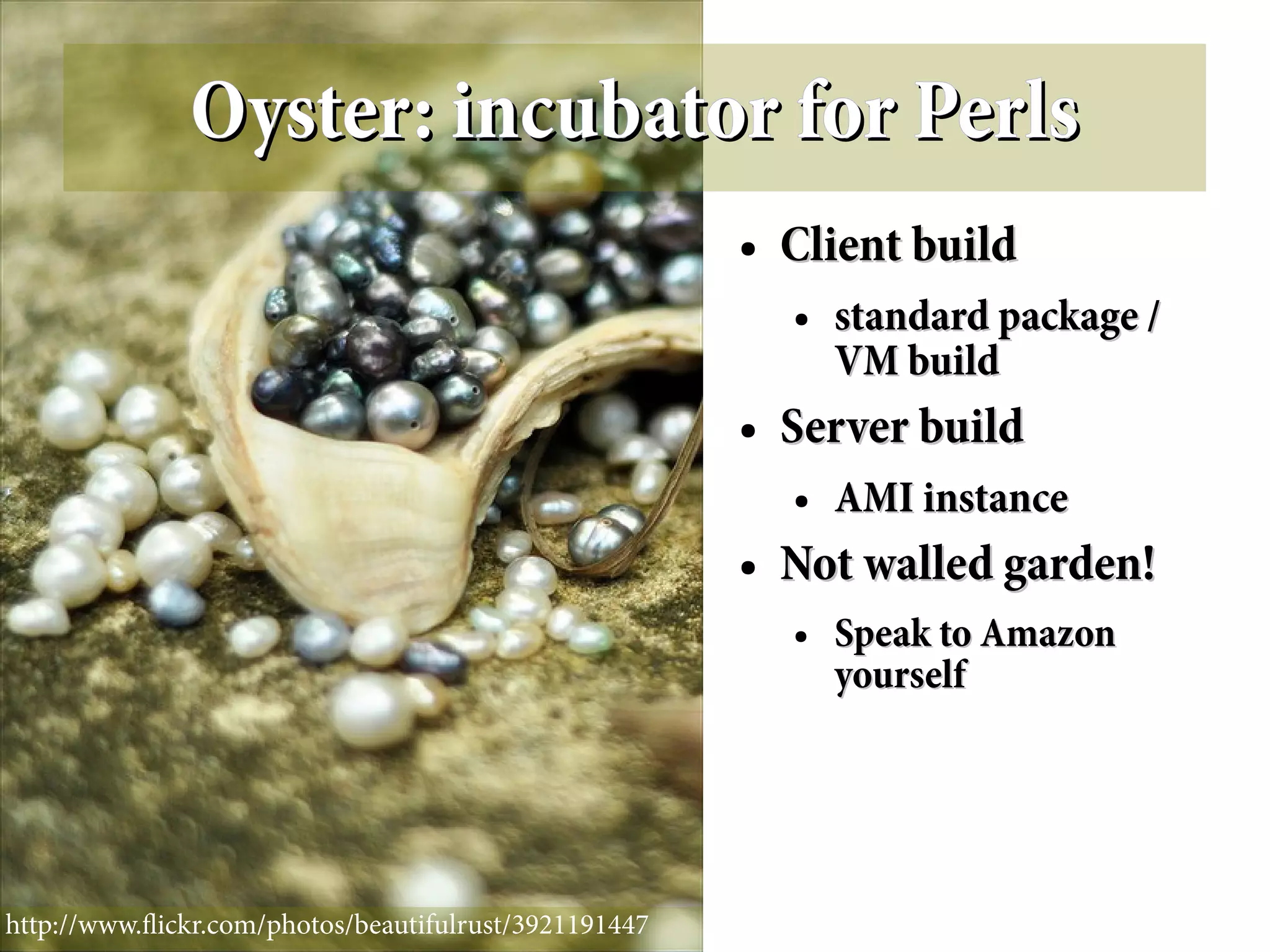 Oyster: incubator for Perls
                                                       ●   Client build
                                                           ●   standard package /
                                                               VM build
                                                       ●   Server build
                                                           ●   AMI instance
                                                       ●   Not walled garden!
                                                           ●   Speak to Amazon
                                                               yourself




http://www.fickr.com/photos/beautifulrust/3921191447
 