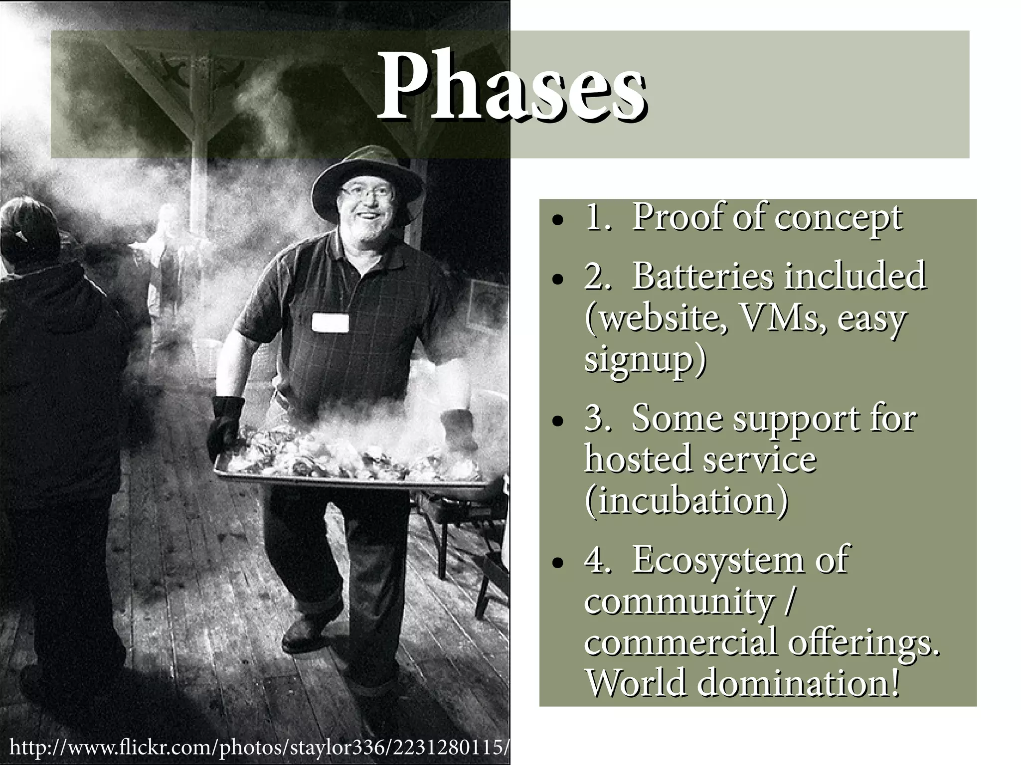 Phases
                                                     ●   1. Proof of concept
                                                     ●   2. Batteries included
                                                         (website, VMs, easy
                                                         signup)
                                                     ●   3. Some support for
                                                         hosted service
                                                         (incubation)
                                                     ●   4. Ecosystem of
                                                         community /
                                                         commercial oferings.
                                                         World domination!
http://www.fickr.com/photos/staylor336/2231280115/
 