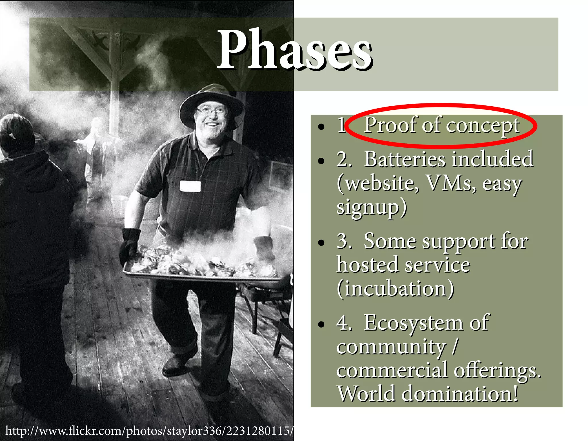 Phases
                                                     ●   1. Proof of concept
                                                     ●   2. Batteries included
                                                         (website, VMs, easy
                                                         signup)
                                                     ●   3. Some support for
                                                         hosted service
                                                         (incubation)
                                                     ●   4. Ecosystem of
                                                         community /
                                                         commercial oferings.
                                                         World domination!
http://www.fickr.com/photos/staylor336/2231280115/
 