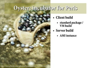 Oyster: incubator for Perls
                                                       ●   Client build
                                                           ●   standard package /
                                                               VM build
                                                       ●   Server build
                                                           ●   AMI instance




http://www.fickr.com/photos/beautifulrust/3921191447
 