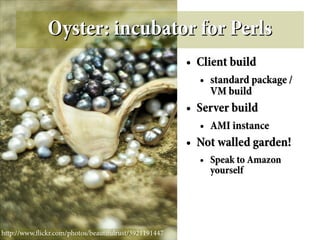 Oyster: incubator for Perls
                                                       ●   Client build
                                                           ●   standard package /
                                                               VM build
                                                       ●   Server build
                                                           ●   AMI instance
                                                       ●   Not walled garden!
                                                           ●   Speak to Amazon
                                                               yourself




http://www.fickr.com/photos/beautifulrust/3921191447
 
