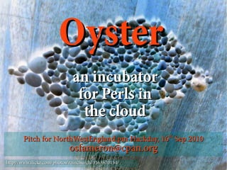 Oyster
                             an incubator
                              for Perls in
                               the cloud
       Pitch for NorthWestEngland.pm Hackday, 16th Sep 2010
                           osfameron@cpan.org
http://www.fickr.com/photos/rainchurch/3163870154/
 
