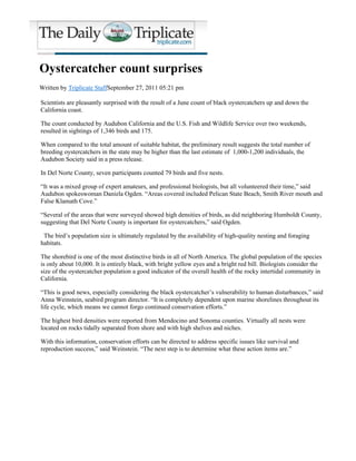 Oystercatcher count surprises | Crescent City California News, Sports, & Weather | The T... Page 2 of 6




 Oystercatcher count surprises
 Written by Triplicate StaffSeptember 27, 2011 05:21 pm

 Scientists are pleasantly surprised with the result of a June count of black oystercatchers up and down the
 California coast.

 The count conducted by Audubon California and the U.S. Fish and Wildlife Service over two weekends,
 resulted in sightings of 1,346 birds and 175.

 When compared to the total amount of suitable habitat, the preliminary result suggests the total number of
 breeding oystercatchers in the state may be higher than the last estimate of 1,000-1,200 individuals, the
 Audubon Society said in a press release.

 In Del Norte County, seven participants counted 79 birds and five nests.

 “It was a mixed group of expert amateurs, and professional biologists, but all volunteered their time,” said
 Audubon spokeswoman Daniela Ogden. “Areas covered included Pelican State Beach, Smith River mouth and
 False Klamath Cove.”

 “Several of the areas that were surveyed showed high densities of birds, as did neighboring Humboldt County,
 suggesting that Del Norte County is important for oystercatchers,” said Ogden.

  The bird’s population size is ultimately regulated by the availability of high-quality nesting and foraging
 habitats.

 The shorebird is one of the most distinctive birds in all of North America. The global population of the species
 is only about 10,000. It is entirely black, with bright yellow eyes and a bright red bill. Biologists consider the
 size of the oystercatcher population a good indicator of the overall health of the rocky intertidal community in
 California.

 “This is good news, especially considering the black oystercatcher’s vulnerability to human disturbances,” said
 Anna Weinstein, seabird program director. “It is completely dependent upon marine shorelines throughout its
 life cycle, which means we cannot forgo continued conservation efforts.”

 The highest bird densities were reported from Mendocino and Sonoma counties. Virtually all nests were
 located on rocks tidally separated from shore and with high shelves and niches.

 With this information, conservation efforts can be directed to address specific issues like survival and
 reproduction success,” said Weinstein. “The next step is to determine what these action items are.”
 