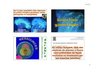 11/11/13 
4 
Sur le plan qualitatif, elles déposent 
du pollen d’origine génétique variée 
(allo-pollen => compatible) 
G. Rodet, INRA 
G. Rodet, INRA 
En milieu tempéré, 78% des 
espèces de plantes à fleurs 
sont pollinisées de façon 
exclusive ou dominante par 
H. Mouret, Arthropologia 
les insectes (abeilles) 
 