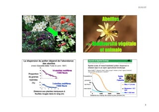 11/11/13 
5 
La dispersion du pollen dépend de l’abondance 
(melon Cucumis melo; Foster & Levin. 1967) 
40 
30 
20 
10 
0 
des abeilles 
14 abeilles mellifères 
/1000 fleurs 
3 abeilles mellifères 
/1000 fleurs 
0 1 2 3 4 5 
20 
10 
0 
Proportion 
de graines 
hybrides 
(%) 
Distance aux plantes marqueurs à 
feuilles rouges dans le rang (m) 
1 
0.5 
0 
Taille 
de 
l’abeille 
0 1000 2000 3000 
Max = 7,4 mm 
DIT max = 7,35 mm 
Moyenne = 2,7 
mm 
DIT moyen = 2,7 mm 
Min = 0,8 mm 
DIT min = 0,8 mm 
Probabilité de 
grenaison 
des fleurs 
male-stérile 
Distance au champ de colza le plus proche (m) 
 