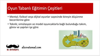 Oyun Tabanlı Eğitimin Çeşitleri
• Mental; fiziksel veya dijital oyunlar sayesinde bireyin düşünme
becerilerine göre
• Teknik; simülasyon ve model oyuncaklarla bağlı bulunduğu takım,
görev ve yapılan işe göre
 