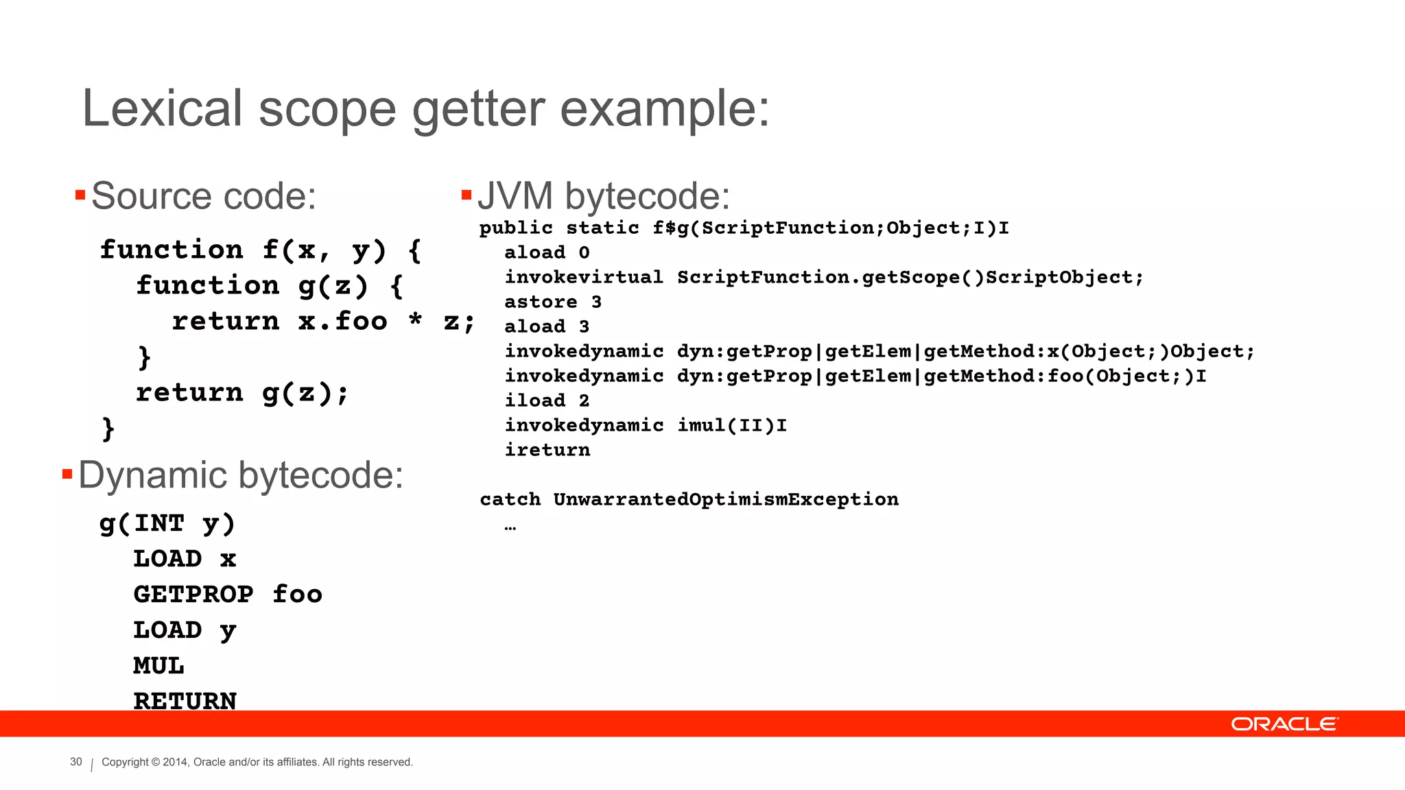Copyright © 2014, Oracle and/or its affiliates. All rights reserved.30
Lexical scope getter example:
!Source code:
function f(x, y) {
function g(z) {
return x.foo * z;
}
return g(z);
}
!Dynamic bytecode:
g(INT y)
LOAD x
GETPROP foo
LOAD y
MUL
RETURN
!JVM bytecode:
public static f$g(ScriptFunction;Object;I)I
aload 0
invokevirtual ScriptFunction.getScope()ScriptObject;
astore 3
aload 3
invokedynamic dyn:getProp|getElem|getMethod:x(Object;)Object;
invokedynamic dyn:getProp|getElem|getMethod:foo(Object;)I
iload 2
invokedynamic imul(II)I
ireturn
!
catch UnwarrantedOptimismException
…
 