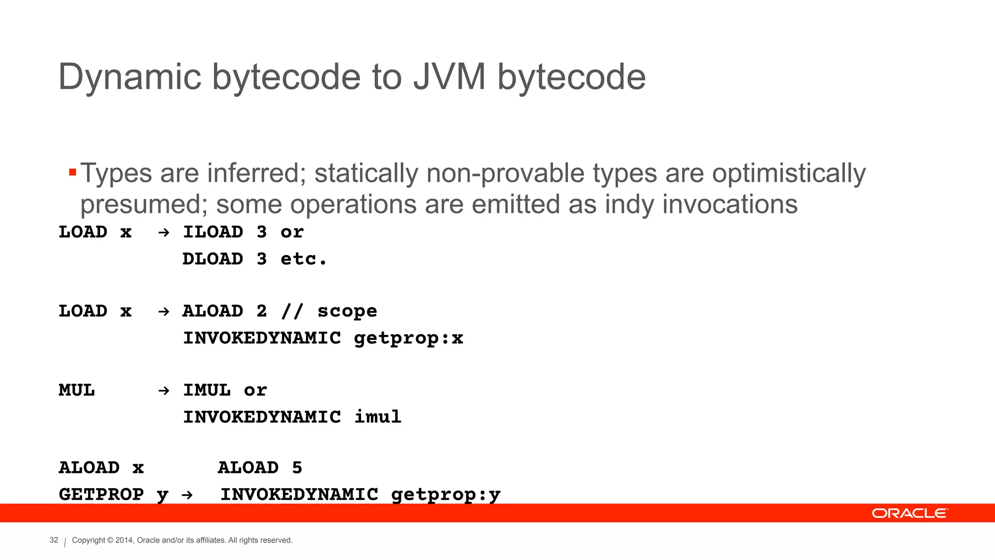 Copyright © 2014, Oracle and/or its affiliates. All rights reserved.32
Dynamic bytecode to JVM bytecode
LOAD x ! ILOAD 3 or
DLOAD 3 etc.
!
LOAD x ! ALOAD 2 // scope
INVOKEDYNAMIC getprop:x
!
MUL ! IMUL or
INVOKEDYNAMIC imul
!
ALOAD x ALOAD 5
GETPROP y ! INVOKEDYNAMIC getprop:y
!Types are inferred; statically non-provable types are optimistically
presumed; some operations are emitted as indy invocations
 