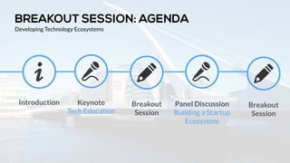 Introduction Keynote 
Tech Education 
Panel Discussion 
Building a Startup 
Ecosystem 
Breakout 
Session 
 