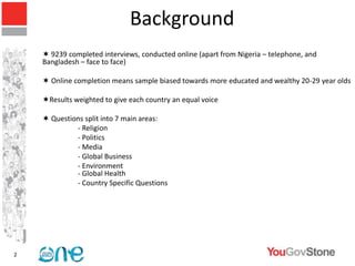 Background
     9239 completed interviews, conducted online (apart from Nigeria – telephone, and
    Bangladesh – face to face)

     Online completion means sample biased towards more educated and wealthy 20-29 year olds

    Results weighted to give each country an equal voice

     Questions split into 7 main areas:
             - Religion
             - Politics
             - Media
             - Global Business
             - Environment
             - Global Health
             - Country Specific Questions




2
 