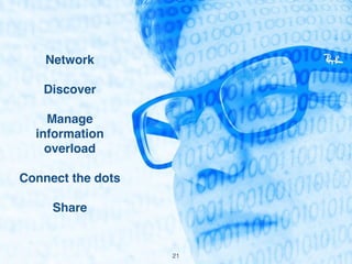 Network 
Discover 
Manage 
information 
overload 
Connect the dots 
Share 
21 
 