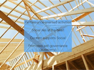 Performance-oriented activities 
Social lies at the heart 
Content supports Social 
Promoted self-governance 
(autonomy) 
29 
 