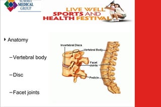 Low Back
Pain
 Anatomy
– Vertebral body
– Disc
– Facet joints

 