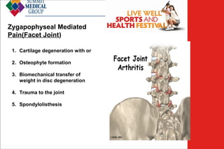 Zygapophyseal Mediated
Pain(Facet Joint)
1. Cartilage degeneration with or
2. Osteophyte formation
3. Biomechanical transfer of
weight in disc degeneration
4. Trauma to the joint
5. Spondylolisthesis

Low Back
Pain

 