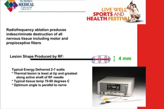 Neuroablation:RF

Low Back
Pain

Radiofrequency ablation produces
indescriminate destruction of all
nervous tissue including motor and
propioceptive fibers

Lesion Shape Produced by RF:

Typical Energy Delivered 2-7 watts
* Thermal lesion is least at tip and greatest
along active shaft of RF needle
* Typical tissue temp 70-90 degrees C
* Optimum angle is parallel to nerve

4 mm

 