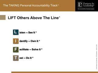 ©2010
Partners
In
Leadership.
ST
Presentation
-
1003A-C-ENG
The TAKING Personal Accountability TrackTM
LIFT Others Above The Line®
L isten -- See It ®
I dentify -- Own It ®
F acilitate -- Solve It ®
T est -- Do It ®
 