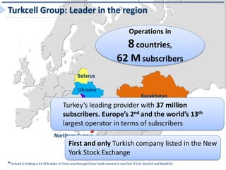 Turkcell Group: Leader in the region

                                                                                         Operations in
                                                                                        8 countries,
                                                                                62 M subscribers
                                                   Belarus

                                                   Ukraine
                                                                                                  Kazakhstan
                                      Moldova
                                        Turkey’s leading provider with 37 million
                                                     Georgia
                                        subscribers. Europe’s 2nd and the world’s 13th
                                                             Azerbaijan
                                        largest operator in terms of subscribers
                                                Turkey

                                  Northern Cyprus
                                            First and only Turkish company listed in the New
                                            York Stock Exchange
*Turkcell is holding a 41.45% stake in Fintur and through Fintur holds interest in AzerCell, K’Cell, GeoCell and MoldCell.
 