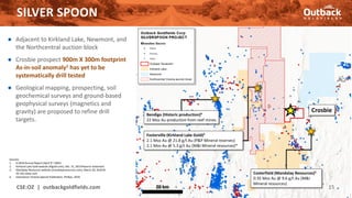 ● Adjacent to Kirkland Lake, Newmont, and
the Northcentral auction block
● Crosbie prospect 900m X 300m footprint
As-in-soil anomaly1 has yet to be
systematically drill tested
● Geological mapping, prospecting, soil
geochemical surveys and ground-based
geophysical surveys (magnetics and
gravity) are proposed to refine drill
targets.
SILVER SPOON
CSE:OZ | outbackgoldfields.com 15
Sources:
1. EL3616 Annual Report (April 3rd 2002)
2. Kirkland Lake Gold website (Klgold.com), Dec. 31, 2019 Reserve statement
3. Mandalay Resources website (mandalayresources.com), March 30, 2020 NI
43-101 sedar.com
4. Geoscience Victoria Special Publication, Phillips, 2010.
Fosterville (Kirkland Lake Gold)2
2.1 Moz Au @ 21.8 g/t Au (P&P Mineral reserves)
2.1 Moz Au @ 5.3 g/t Au (M&I Mineral resources)*
Costerfield (Mandalay Resources)3
0.35 Moz Au @ 9.6 g/t Au (M&I
Mineral resources)
Crosbie
Bendigo (Historic production)4
22 Moz Au production from reef mines
20 km
 