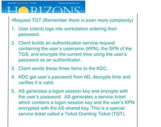 •Request TGT (Remember there is even more complexity)
1. User (client) logs into workstation entering their
   password.
2. Client builds an authentication service request
   containing the user’s username (KPN), the SPN of the
   TGS, and encrypts the current time using the user’s
   password as an authenticator.
3. Client sends these three items to the KDC.
4. KDC get user’s password from AD, decrypts time and
   verifies it is valid.
5. AS generates a logon session key and encrypts with
   the user’s password. AS generates a service ticket
   which contains a logon session key and the user’s KPN
   encrypted with the AS shared key. This is a special
   service ticket called a Ticket Granting Ticket (TGT).
 