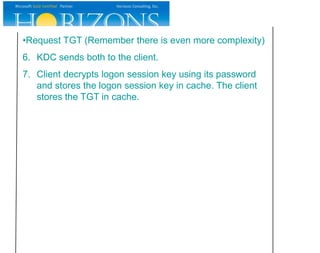 •Request TGT (Remember there is even more complexity)
6. KDC sends both to the client.
7. Client decrypts logon session key using its password
   and stores the logon session key in cache. The client
   stores the TGT in cache.
 