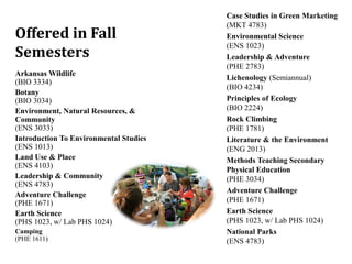 Offered in Fall Semesters 
Arkansas Wildlife (BIO 3334) 
Botany (BIO 3034) 
Environment, Natural Resources, & Community (ENS 3033) 
Introduction To Environmental Studies (ENS 1013) 
Land Use & Place (ENS 4103) 
Leadership & Community (ENS 4783) 
Adventure Challenge (PHE 1671) 
Earth Science (PHS 1023, w/ Lab PHS 1024) 
Camping (PHE 1611) 
Case Studies in Green Marketing (MKT 4783) 
Environmental Science (ENS 1023) 
Leadership & Adventure (PHE 2783) 
Lichenology (Semiannual) (BIO 4234) 
Principles of Ecology (BIO 2224) 
Rock Climbing (PHE 1781) 
Literature & the Environment (ENG 2013) 
Methods Teaching Secondary Physical Education (PHE 3034) 
Adventure Challenge (PHE 1671) 
Earth Science (PHS 1023, w/ Lab PHS 1024) 
National Parks (ENS 4783)  