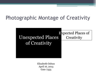 Photographic Montage of Creativity
Unexpected Places
of Creativity
Expected Places of
Creativity
Elizabeth Ozbun
April 16, 2013
Gate 7355
 