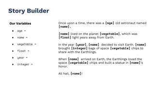 Story Builder
Our Variables
● age =
● name =
● vegetable =
● float =
● year =
● integer =
Once upon a time, there was a [age] old astronaut named
[name].
[name] lived on the planet [vegetable], which was
[float] light years away from Earth.
In the year [year], [name] decided to visit Earth. [name]
brought [integer] bags of space [vegetable] chips to
share with the Earthlings.
When [name] arrived on Earth, the Earthlings loved the
space [vegetable] chips and built a statue in [name]’s
honor.
All hail, [name]!
 