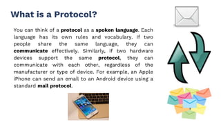 What is a Protocol?
You can think of a protocol as a spoken language. Each
language has its own rules and vocabulary. If two
people share the same language, they can
communicate effectively. Similarly, if two hardware
devices support the same protocol, they can
communicate with each other, regardless of the
manufacturer or type of device. For example, an Apple
iPhone can send an email to an Android device using a
standard mail protocol.
 