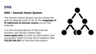 DNS – Domain Name System
The Domain Name System servers share the
task of keeping track of all of the mappings of
IP addresses to domain names across the
internet.
It is like the phonebook of the internet.
Humans use domain names (like
www.apple.com) to look up information, but
computers need to know the IP address (like
212.58.249.215) to find the information.
DNS
52
 