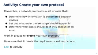 Remember, a network protocol is a set of rules that:
● Determine how information is transmitted between
devices
● Set out what order the exchange should happen in
● Determine what users should do if they encounter an
error
Work in groups to ‘create’ your own protocol.
Make sure that it meets the requirements and restrictions.
Link to Activity
Activity: Create your own protocol
56
 