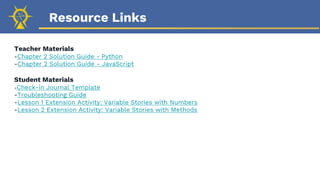 Resource Links
Teacher Materials
-Chapter 2 Solution Guide - Python
-Chapter 2 Solution Guide - JavaScript
Student Materials
-Check-in Journal Template
-Troubleshooting Guide
-Lesson 1 Extension Activity: Variable Stories with Numbers
-Lesson 2 Extension Activity: Variable Stories with Methods
 
