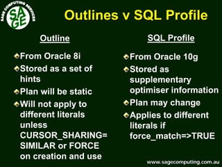 www.sagecomputing.com.auwww.sagecomputing.com.au
Outlines v SQL ProfileOutlines v SQL Profile
From Oracle 10g
Stored as
supplementary
optimiser information
Plan may change
Applies to different
literals if
force_match=>TRUE
From Oracle 8i
Stored as a set of
hints
Plan will be static
Will not apply to
different literals
unless
CURSOR_SHARING=
SIMILAR or FORCE
on creation and use
Outline SQL Profile
 