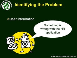 www.sagecomputing.com.auwww.sagecomputing.com.au
Identifying the ProblemIdentifying the Problem
Something is
wrong with the HR
application
User information
 