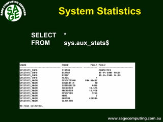 www.sagecomputing.com.auwww.sagecomputing.com.au
System StatisticsSystem Statistics
SELECT *
FROM sys.aux_stats$
 