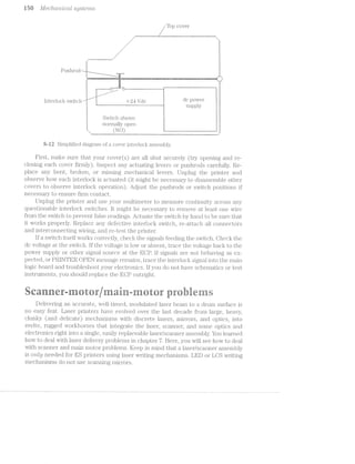 Mu flil-8C/‘Z»Ct'7"'2.»?lC(Ll systen"z.s
/ Top cover
I l
Pushrod--L
u mmas§rmem &ﬁ§I ‘I
. rt‘ 1
. r 1 l
1 __ . .__,__ ,. -L--.-_.-__ - . 1
 _ Z a_| ~-~--T---5---i
W - v / _ 7 V ii 3 ‘ l 3 ‘
lnterlock svi/itch /l +24 Vdc . Cl“ 1~)Ol7‘m
in E r E 51lli>l3l3’ l.
Switch shown * 1
norinally open .
(N9) 1 l
8-all Sini.pl.ified dia.grain of cover interlock asseinbly.
l?‘ir'st, rnalre sure that your cover(_s) are all slfiut securely (try openi.n.g and re-
closing each cover finnly). inspect any actuating levers or pushrods carefully. Ee-
place any bent, brolren, or nu’ssi.ng 1116-)Cl12l.l.'ll.C£tl. levers. Unplug the printer and
observe how each interlocl< is actuated (it niight be necessary to CllSé1SS€l‘i1l3l.€ other
covers to observe interlocl: operation). Adjust the pu.shrods or swigtcli positions if
necessary to ensure firm contact.
Unplug the printer and use your rnu.l.tinieter to ineasure coi{itinui.ty across any
questionable intei.*locl< svvitches. lt inight be l1l€C§€SSEtlI’y to reinove at least one vvir"e
from the svvitcl'i to prevent false readings. Actuate the svvitch by hand to be sure that
it Works properly. Replace any defective interloclr svvitcli, re-attach. all corinect.ors
and interconnecting iviifing, and re-test the pifintei;'.
lf a svvitch l.l1S@lfWOI’l{S COI‘l‘€Cl'.1l.Y, checlr the signals feeding the SViTlftCli.. Checlri the
dc voltage at the svvitch. lf the voltage is low or absent, trace the voltage bacl< to the
povver supply or other signal. source at the ECP. lf signals are not beh.a.viiig as
pected, or PRlll'l‘ER. OPEN message i'einai.ns, trace the interloclr signal. into 'l1ll€%IlllEl.lll.
logic board and troubleshoot your electronics. lf you do not have scheinatics or test
instrunients, you should replace the ESP outright.
ﬁe’ rm-iie e@ F @Ecariner-ernr/ins r r prehier
Delivering an accurate, vv'ell--tinied, inodulated laser beard to a druni surface is
no easy feat. Laser printers have evolved over the last decade froin large, heavy,
clunky (and delicate) inechanisins With discrete lasers, inirrors, and optics, into
svelte, rugged vvorkhorses that. integrate the laser, scanner, a.nd some optics and
electronics right into a single, easily replaceable laser/scanner assembly. You learned
how to deal Wit.li laser delivery problems in chapter '7. Here, you will see how to deal
tvith scanner and main inotor problenis. Keep in mind that laser/scan.n.er assenibly
is orzly needed for ES printers using laser vvriting inechanisins. LED or LCS Wi'itiug
inechanisins do not use scanning iniirrors.
 