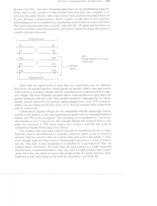 _iD'7"’Z»’7‘2.il§6‘"'l" CO"%'7’2.-’l"7Z"Z,.(.’l’Z/‘ZCCLZ'2i-O’l’Zi- boclrtgro’z..i.li2.d l as
Receive Data (RX). Any other i'einaini.i_ig signal lines are for 1i‘iandshal<in.g purposes.
Notice thatt a serial interface is bidiirectional.. sent lroin the coinpiiter is re-
ceived by the printer line, vvhile data. (if any) sent bacl< from the printer leaves its
TX line. Because a serial iiiterlace allovvs printer to talk back to the computer.
ha.ndshal<ing can be accomplished by transterriii;ig control characters baclr and i'oi*th.
The serial coinmunication bus is usually called All signal and data ill.l1l€S a" ‘ -
routed to a Jtemale connector mounted to the pl.‘lll.'l](~3l.'. l?‘igure 9-S shovvs the pinout oi
a serial CO1lll1l‘tllll.CEt'l;l.O1l port.
i"--
.-;("J
1 g g W il?ran‘ie ground 1
TX TX
2 _---""--""-"""-——— 2
:3
or-s crs l Q78» . . --5 V __ i ‘ 5 Wiring di.agrain ol a serial
connection.
4 ii . Oivllional
Sgnah
"e--‘T3’U2
__ DSR DTR -.
(3 d ‘— ' 6 l
.._.._.€...-1
V? Signal ground
r S 7’
Notice that the signal levels of serial and control lines also are dil’l'erent
from those of parallel iii.t.ei;":t‘zice. Seria.l. signals are l'3Ilp()l‘c'.l.I‘---l1l'l2?l.'t~ is, one logic level is
represented by a positive voltage, and the opposing level is represented by a nega-
tive voltage. This l~Il.l1Cl. of bipolar O]J€I'&'l§lOll allows serial inter;t'a.ces to carry data over
greater distances with less noise than parallel intei*i’aces. Although Fig. 9-'7 shovvs
bipolar (loosely referred to as Clfl“'Z.-CLZVOQ) signals ranging froiu + 9 to -9 V, a serial in-
terface can use voltage levels ihfoin :5 to .-i;l5 V. You can ineasure these serial levels
vvith an oscilloscope.
Unfortunately, bipolar voltages are not coinparable Witli the digital logic devices
at vvoi'l< in the printer, so data and handshalring signals must be translated between
bipolar and TTL levels as reqiiired. This ti'a.nsition is accomplished by a set of de-
vices lrnovvn as l/me ti'u..itscetiiers. For example, bipolar bits received from a com-
puter aife converted to TTL levels using a //Z.fl’2.€ 'iirr"ece?}ue'i'"', and TTL bits must be
converted to bipolar levels using a I/zine Ct'i"’Zli.?€’l".
The problem vvith. sei;'ial data is that it can only be transii'er‘r‘ed one bit at a tiiiie.
Each bit must be assembled into a complete character before it can be stored in
memory. Just the reverse is true for control codes sent back to the printer: .A char»-
acter (usually eight bits long) must be disassembled and sent as a series of individ-
ual bits. This tasli of data manipulation is handled by a specialized lC that can
pertorm these conversions. The basic name for such a device is a U.Al¥.T (universal
asynchronou.s l‘{~?C€lV€-31'/'tl‘Etl“lS1llll.l]ll61"). Not only does a U_/~;l?..”l." pertorin data conver-
sions, but it also can attach or remove the overhead bits of a serial character. Over-
head bits include such things as the Start Bilz, Stop Bit(s), and Parity Bit.
 