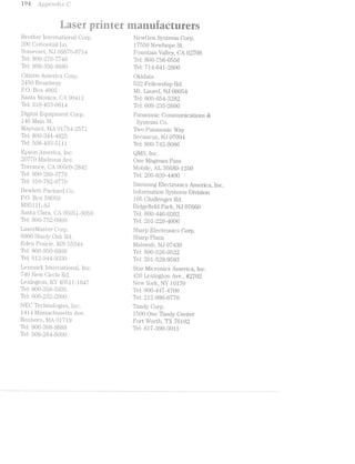 i--r Q5 ppe:2::2.-r£.:zI;r.-C
"W
! $8r 55‘; »'§£%..r9
200 Cot.tont-ail L-i.i.
Somerset, NJ 08875-6714
Tel: 8()lI)-276-7746
Te.l.:908-856- 0
Citizen r"-Xl11e1‘l.C8. Corp.
2450 B1‘(j>8C1'>1-’8.iy
PO. Box 4008
Santa onica,CA 9041 1
O13*5 Of:"- CC’
Tel: 81.0-458-0614
Digijtal quipment Corp.
146 lvflain. St.
l/layi.i.ard, MA 017
Tel: 800-844-4825
Tel: 508-498-5fll1
Epson America, lnc.
20770 1-’18..C11'Oil8.. Ave.
Toi'ra.n.ce, 90509--2842
Tel: 800-289-8776
Tel: 810-782-0770
Hewlett-Packard Co.
PO. iBo:>r 58059
hill 1 l L
Santa. Clara, 950
Tel: 800-752-0900
Laseirl/laster Corp.
6900 Shady Oak Rd.
Edei Pi‘airie, l-:fli.l..l*
Te >0-950-6868
2-$2144--9880
Q)? 1toC)? -i
(1? l......._L 36 F“,
“*1 GO-~’ ‘Z4(“T1
Li? ,.,,...._ i.,.L:.i
.Le.rnia.rl:< lnternational., lnc.
740 New Circle Rd.
Lerri;i;"rgtc>i.i, 4051 1- 1 84
Tel: 801: -. 7
Tel: 60 “' -
NEC Technologies, lnc.
1 4 1 4 l/ilassachusetts Ave.
BOXDO1.'O, MA 01719
Tel.: 800-888-8888
Tel: 508-264-8000
0*-_»/ roonnorooo ro4.1<3»oocs3.»;-<:";»_.
159
rrriiiarirrrrers
Brother lntern.ational. Coiip. NewO-en Systems Corp.
17550 Newhope St.
Fountai.n Valley, CA 92708
Tel: 800-756-0556
Tel: 714-641-2800
Okidata
582 Fel.lowship Rd.
l/lt. Laurel, NJ 08054
Tel: 800-654-8282
Tel: 609-285-2600
Panasonic Communications &
Systems Co.
Two Panasonic Way
Secaucus, NJ 07094
Tel: 800-742-8086
OMS, lnc.
One l/lagnum Pass
l/lobil.e, AL 86689-1250
Tel: 205-689-4400
Samsung Electronics America, lnc
.ii"ifoi"mation Systems Division
105 Chal.l.enger Rd.
Ridgefield Park, NJ 07660
Tel: 800-446-0262
Tel: 201-229-4000
Sharp Electronics Corp.
Sharp Plaza
1/i8.1j'1W81"l, NJ 07480
Tel: 800-526-0522
Tel: 201-529-9598
Star l/iicronics America, lnc.
420 Lexington Ave, #2702
New York, NY 10170
Tel: 800-447-4700
Tel: 212-986-6770
Tandy Corp.
1.500 One Tandy Center
Fort Worth, TX 761 02
TeJl.: 817-890-8011
 