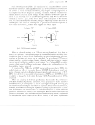 Actioe CO77?,]JO7"L€7’Zl5S 35
Field-effect transistors (FE'l‘s) are constructed in a radically different fashion
from bipolar transistors. Although FETs make use of the same basic materials and
can operate as either amplifiers or switches, they require biasing components of
much higher value to set the proper operating conditions. FETs are either N-chan-
nel or P-channel devices as shown in Fig. 2-33. The difference in transistor types de-
pends on the materials used to construct the particular FET. An FET has three
terminals: a sow-rr*ce, gate, and a olrcz/in. These leads correspond to the emitter,
base, and collector of a bipolar transistor. The gate is typically used for the input or
control signal. The source is normally tied to ground (sometimes through one or
more values of resistance), and the drain supplies the output signal.
N-channel FET P-channel FET
Drain Drain
_____ ...__" ___- ...
.~' '-,
.2: . - .4“ . 15‘;--‘,<‘.><‘.¢‘ I ‘»7(v$'lQL;; I
‘1 ',<'5I§[i* “|| ‘J-:1“-§§=a | '"““ “
/I I ll I
l i I x I
Gate ‘ , ~ | Gate » ; I
ii ,1 ~ i Ii
. i I J '>>‘*‘"‘ I..»i>r.» a ma-is 1
J =,<i:;ge§ =r<v-=;:.,
:!;g:.'i-: mm:
J
an .
_. _ "-_. _.-""‘
Source Source
2-33 FET Schematic symbols.
When no voltage is applied to an FET gate, current flows freely from drain to
source. Any necessary current limiting must be provided by inserting a resistor in se-
ries into the drain or source circuit. By adjusting the control voltage at the gate, cur-
rent flow in the drain and source can be controlled. For an N-channel FET, control
voltage must be a negative voltage. As gate voltage is made more negative, channel
current is restricted further until it is cut off entirely. For a P-channel FET, a positive
control voltage is needed. Higher positive gate voltage restricts channel current fur-
ther until the channel is cut off.
A variation of the FET is the MOSFET (metal-oxide semiconductor FET). lt is
unlikely that you will ever encounter discrete MOSFET devices in your small com-
puter, but many sophisticated digital integrated circuits make extensive use of MOS-
FETS. One of the few undesirable characteristics of FETs and l/lOSFETs is their
sensitivity to damage by electrostatic discharge (ESD). You can learn about ESD in
chapter 4.
There are a variety of electrical specifications that describe the performance
and characteristics of particular transistors. When you discover that a transistor
must be replaced, it is always wise to use an exact replacement part. That way, you
are sure the replacement part will behave as expected. Under some circumstances,
however, an exact replacement part might take too long to get, or not even be avail-
able. You can then use manufacturers or cross-reference data to locate substitute
parts with specifications similar to the original part. Keep in mind that substituting
parts with a different part—even when specifications are very similar—might have
an unforeseeable impact on the circuit. Do not attempt to use “close” replacement
 