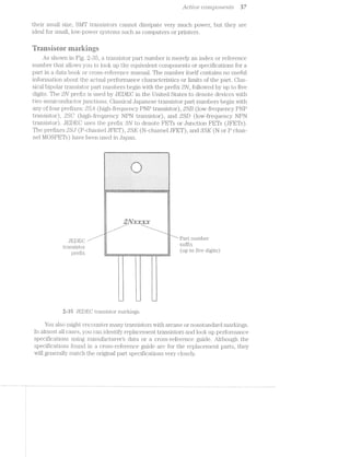 Acirzloe covi2;poi'2.ents 37
their small size, Sl/[T transistors cannot dissipate very much power, but they are
ideal for small, low-power systems such as computers or printers.
Transistur niarkings
As shown in Fig. 2-35, a transistor part numliier is merely an index or reference
number that allows you to l.ook up the equivalent components or specifications for a
part in a data book or cross-reference manual. The number itself contains no useful
information about the actual performance characteristics or limits of the part. Clas-
sical bipolar transistor part numbers begin with the prefix 2N, followed by up to five
digits. The 2N prefix is used by JEDEO in the United States to denote devices with
two semiconductor junctions. Classical Japanese transistor part numbers begin with
any of four prefixes: f:5’i5L¢l (high-frequency PNP transistor), QSTB (low-frequency PNP
transistor), ZSC (higl.i-frequency NPN transistor), and 2.51) (low-frequency NPN
transistor). JEDEO uses the prefix SN to denote FETs or Junction FETs (JFETs).
The prefixes .351] (P-channel JFl~1l1‘),.i3S.[&’ (N-channel JFET), and SSK (N or P chan-
nel l/IOSFE-Ts) have been used in Japan.
Z‘.-'.‘—".i.‘—.‘-.“~.'-’.-.‘-.‘-l-.‘-.‘-.‘~.‘¥.‘-.‘7.‘-.‘~.’?.‘-.~.‘5.‘-.‘-.‘-.“~V-.'-T5.‘-.‘-.‘-.'-.‘-.‘-.‘-.“-fill
-.'.‘.‘.‘.‘.‘.'.'.'.‘.'.'.'.'»'-'.'.'.'.'.'.'.'.'.'.'.'.'.'.'.'.'.'.'.'.‘.'.'.'.‘
4-
....
.1‘
¢--
I
.. - I I>
<
.. -¢< ,... ,...,-.----..----I-----------.-...... ----yll
i---»-.-...-.......-.......-.-.-.. --»»----i-----..--..-.......-...‘---- -.-.-.-...-.......--~.........-»-|-i--1--..'1;¢--~.---.---.---.......----i.‘-=.......‘..-...4...--<.-.-.-.-.-.-.....-------.-.
-----.-.-,.......-.-..'-.--.-.-...-i--|--‘-~---.-.............-¢.-~-i--.--.-.-.;----..-...........---1-.......-.-<-1~i-“<4-¢-.--.-.-.-...-.-...-----.-.--.--.-.;,-.-.-......,.--.-.-.-.-.-.-.---»»>»,--I1---------..-....................------..~
Q
,5
_>.
awe»
3lV.:ir".r.ir.r
H i , Piirt numb
JEDEQ /’ ‘E2 ~ ‘ “- suffix
transistor . _ g
pmﬁv g ,; (up to five digits)
i 1l l
l
l
l l
_............l i .i.
2335 JEDEO transistor markings.
You also might encounter many transistors with arcane or nonstandard markings.
ln almost all cases, you can identify replacement transistors and look up performance
specifications using mani.iifacturer’s data or a cross-reference guide. Although the
speciﬁcations found in a cross-reference guide are for the replacement parts, they
will generally match the original part specifications very closely.
 