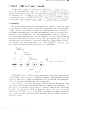 b"i'7'ZCLtL tools ctrncl mc1.terzdls 43
" ®
It might sound strange, but hand tools can often make or break your repair ef-
fort. If you have ever started a repair and been delayed by one missing screwdriver,
pliers, or wrench (you knew it was there last week), then you know how much time
and frustration can be saved by gathering the proper tools before beginning--not af-
ter. Oheck your toolbox now! If you do not have a toolbox just yet, now is a good time
to consider the supplies and tools you need for mechanical and electronic repairs.
Hand teois
Sc'rei.0clr'i'vers are always good tools to begin with. Figure 3-2 shows five types
of screw heads. A healthy variety of both regular and Phillips-type screwdrivers will
go a long way for basic assembly, disassembly, and adjustment tasks. Avoid exces-
sively large or unusually small screwdrivers unless there is a specific need for them.
Several short-shaft screwdrivers can come in handy when working in confined ar-
eas-—printer assemblies can be very densely packaged. Allen-head (hexagonal hole)
screws also are common, so include a set of Allen keys in your toolbox. Watch for
specialty screws. Spline and Torx-type screws are growing in popularity as manufac-
turers seek to keep untrained personnel out of their equipment. Large mail-order
and retail hardware stores usually stock Spline and Torx drivers.
Regular
(flat blade)
Phillips
(cross blade)
Allen
(hexagonal) 312 _
Five typical screw-head types.
.. —-'._ _— —.. .. -. -1-‘-—. _—i‘--.
.-" "*. .-"‘ '“'-. .-" "-. ."' I‘-. -~" "~.
,4 ' .1 . -. .- = .- i. .= -.1I ' In 1 1 | I '| 4|
l . *1 ' " ll 31' ‘I ' ' ‘ I
kl 1} RI A I EH-Wm ll '1 It ll 3 E llax‘ II,1 1"‘ ‘lo n,‘ “'F“ J: ||_ ' ~ ‘a ll I ‘ In
~. -.
, _ _ _: |_ _r |_ _|' ‘r, 1‘
‘.__ _-> ~- _.~ -- _»- '-,_ ,-.' -.__ ,4‘
"_ --- -.-. ..~ - _'~ -_. -.~ ‘.__ -.-
Spline/F
Torex
Oonsider three types of pliers. A garden variety pair of mechanics pliers is useful
for keeping tight hold on any nut, bolt, or other pesky part. Two pairs of needle-nose
pliers (one short nose, one long nose) will round out the collection. Needle-nose pli-
ers are great for grabbing and holding parts in tight spaces.
A set of small, electronics-grade, open-end wrenches work well to hold small
nuts during assembly and disassembly. Wrenches should have thin bodies (for
tight spaces) and should be below {At inch (or 8 mm for metric sizes). If you have
the choice between metric or U.S. wrenches, get metric. Most laser printers are
made in the Pacific Riin (that is, Japan, Korea, Singapore, Hong Kong, and so on)
where metric parts are standard. A small adjustable wrench is always a good ad-
dition to a toolbox.
 